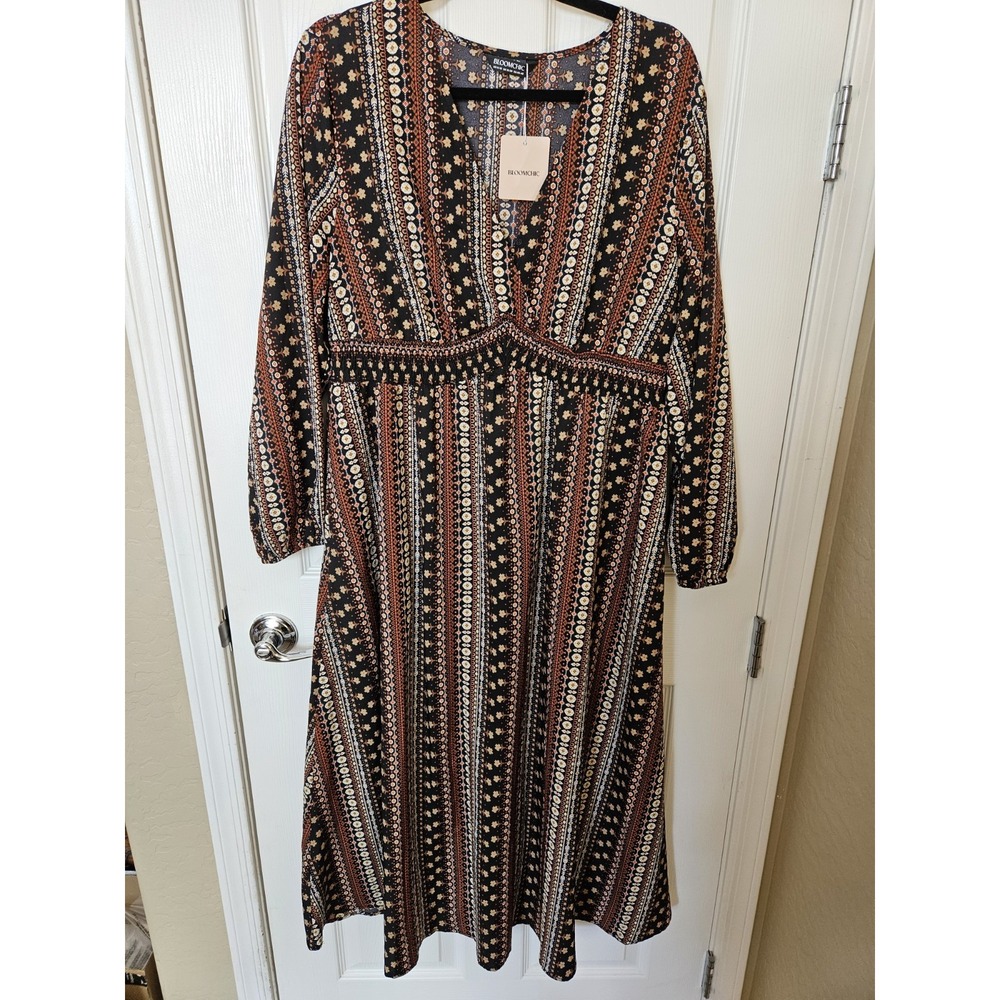 NWT Bloomchic Boho LS Striped Ditsy Floral Empire Waist V-Neck Midi Dress, 14/16
